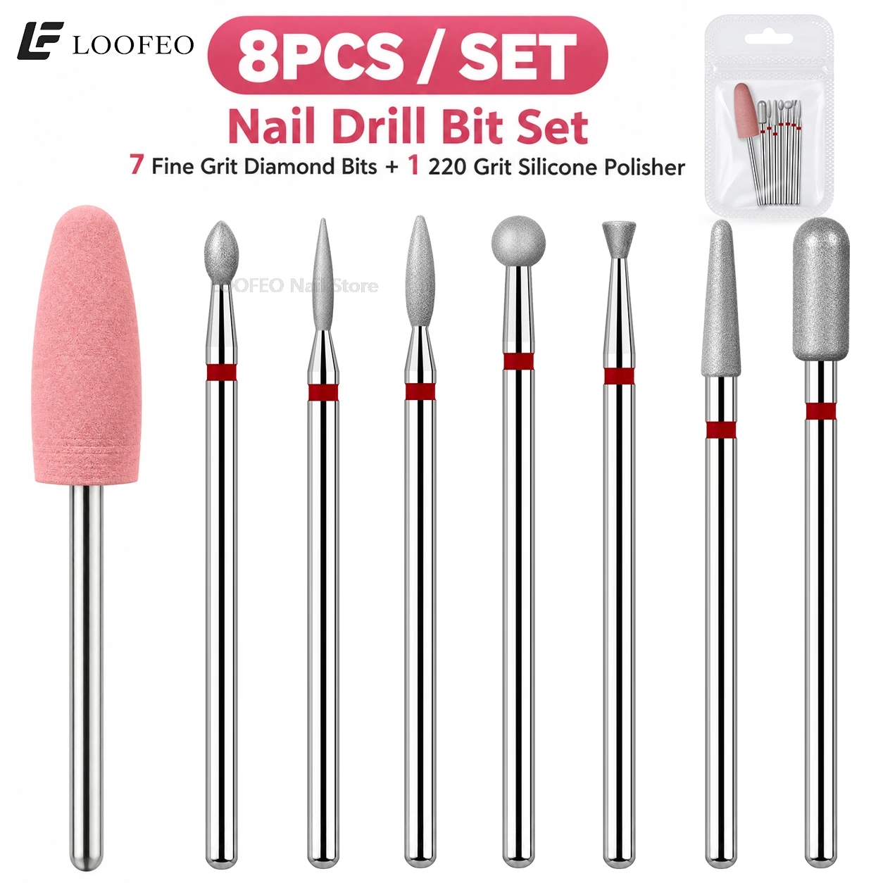 8Pcs Nail Drill Bits Set 7 Diamond 1 Silicone Milling Cutter for Manicure E-File Bit Accessories for Cuticle Burrs Removal Kit