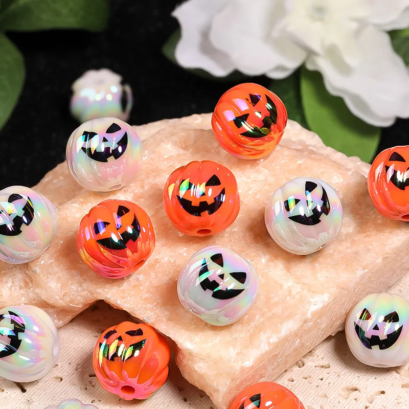 100 Stuks 15Mm Halloween Duivel Pompoen Kralen Uv Vergulde Oranje Wit Acryl Bedrukt Kraal Diy Sleutelhanger Telefoon Ketting Accessoires