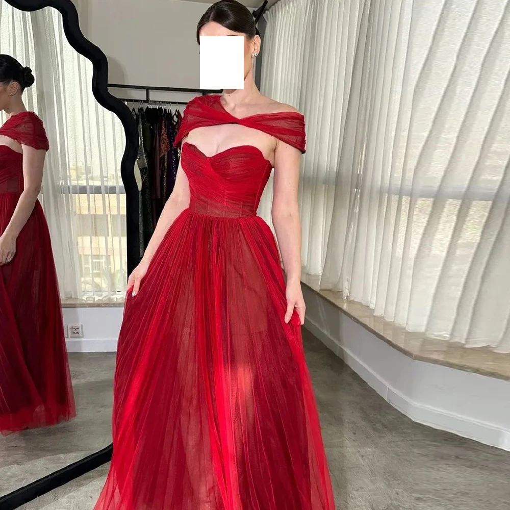 Modern Straight Red Floor Length Off the Shoulder Tulle Short Sleeves Evening Dress Sexy Pleats Saudi Arabia Prom Grows women