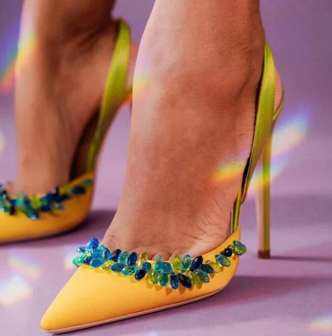 Multi Colors Crystal String Bead Women Slingback Sandals Yellow Green Satin Pointed Toe Rhinestone Trim High Heeled Shoes