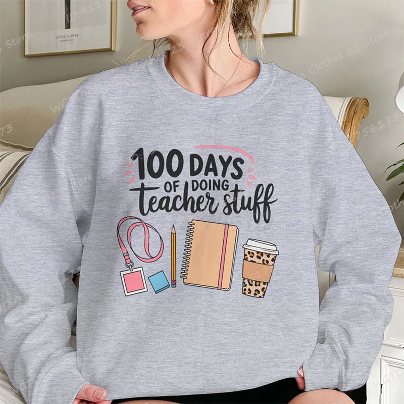 100 Days Of Doing Teacher Stuff Letter Print Sweatshirt, 100 Days Of School Teacher Pullovers Tops, Women Oversized Sweatshirts