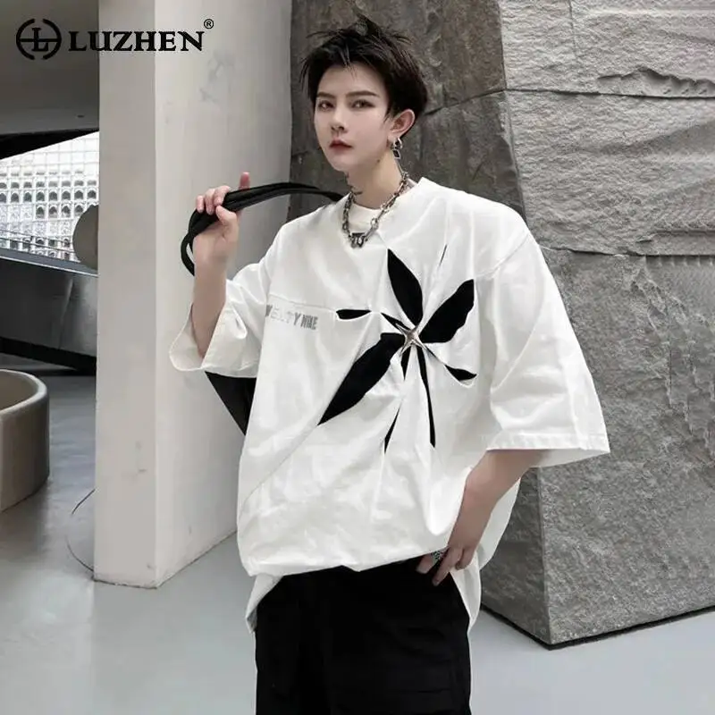 

LUZHEN Trendy Letter Printed Design Short Sleeved T Personality Shirt Original Korean Men's Street Color Contrast Tops LZ9706