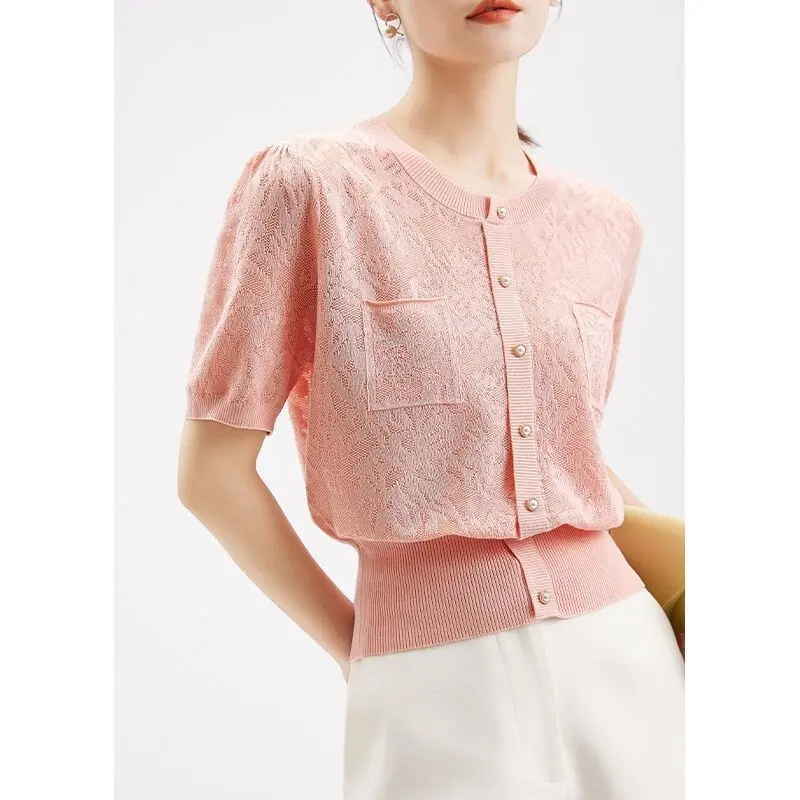 

Summer Knitted Round Neck Sweater Women's Top Loose Korean Version Fashionable Versatile Hollow Leaf Short Sleeve Sweater Z279