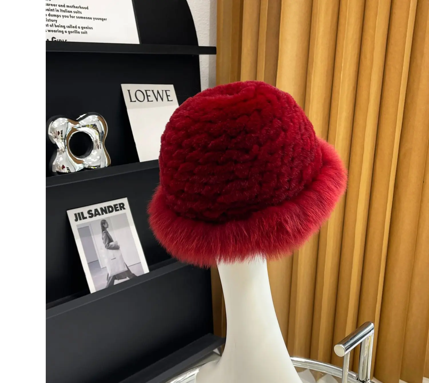 Damen Outdoor Winter Warme Natürliche Kaninchenfell-Mützen, Gestrickte Pelzmütze für Damen, Gestrickte Flauschige Echte Fuchsfell-Fischerhüte – Detail 9