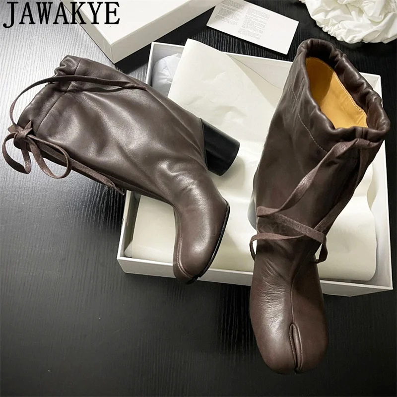 

Brown Black Real Leather Split Toe Chunky High-heel Ankle Boots Women Winter Slip On Popular Fashion Week Short Boots Woman