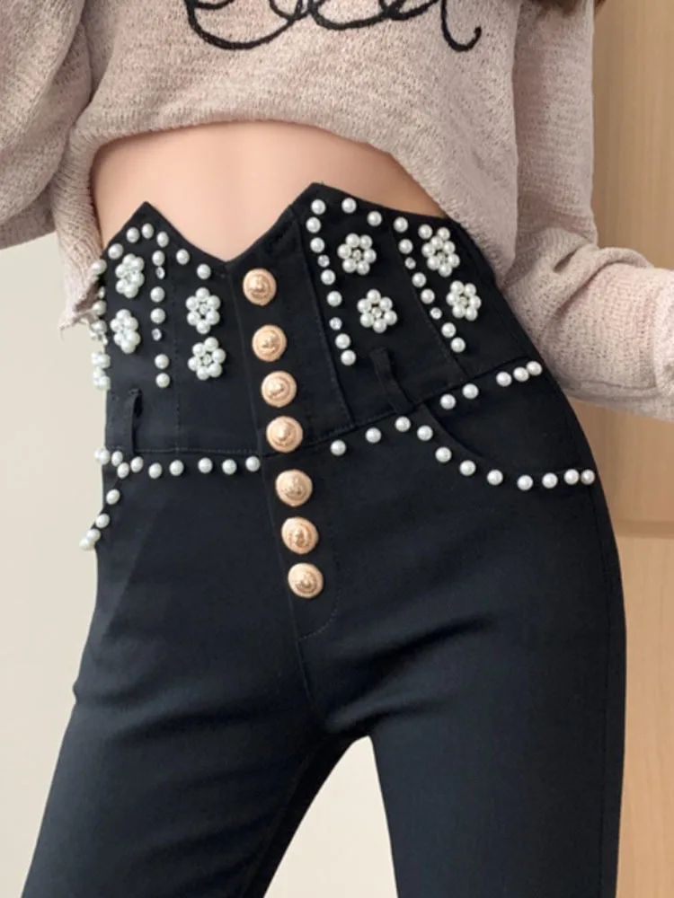 Streetwear Spring Women Luxury Embroidered Flares Pencil Pants Trousers White Black Slim High Waist Girls Single Buttons Pants