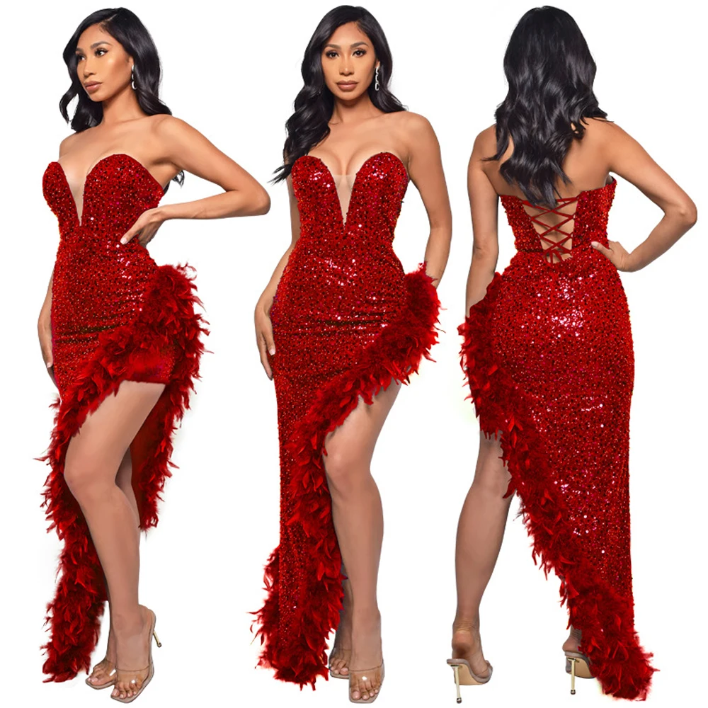 Kricesseen Sexy Sequined Evening Dress Mesh Patchwork Feather Maxi High Split Strapless Back Bandage Bodycon Night Clubwear Gown