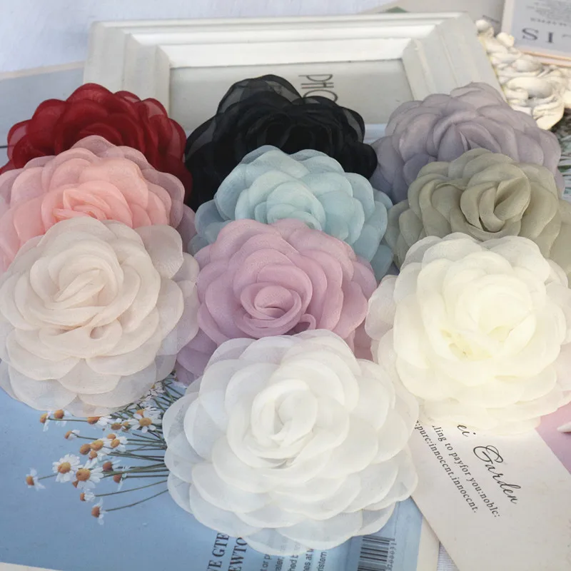 10 sztuk 8CM 3D Organza szyfonowa gaza spalona krawędź tkaniny sztuczny kwiat róży suknia ślubna dekoracja szyi DIY aplikacja do szycia