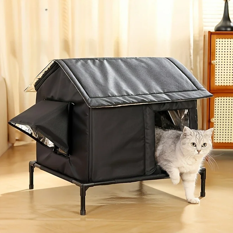 Weatherproof Outdoor Pet House with Safety Fence | Heavy-Duty Oxford Cloth Shelter for Cats & Small Dogs | All-Season Windproof