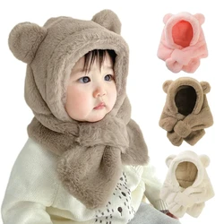 Cappello invernale per bambini sciarpa di un pezzo in pelliccia sintetica cappelli per bambini Cartoon Bear Warm Neck Ear Cap per ragazzi e ragazze berretti antivento per neonati