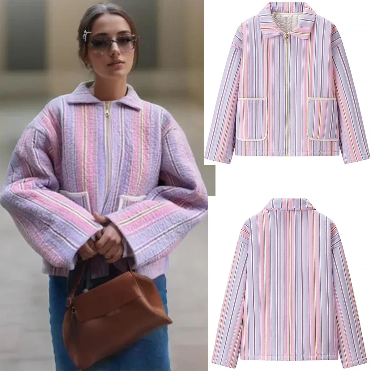 

Женское шикарное свободное короткое пальто с лацканами и длинными рукавами на молнии, элегантное шикарное стеганое пальто в полоску, осенне-зимняя шикарная верхняя одежда
