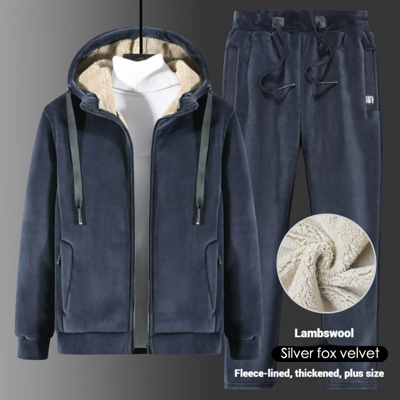 

Men's Winter Thick Warm Sports Set Plus Size Casual Lining Running Clothes Hooded Jacket Pants Set New Men's Two Piece Set