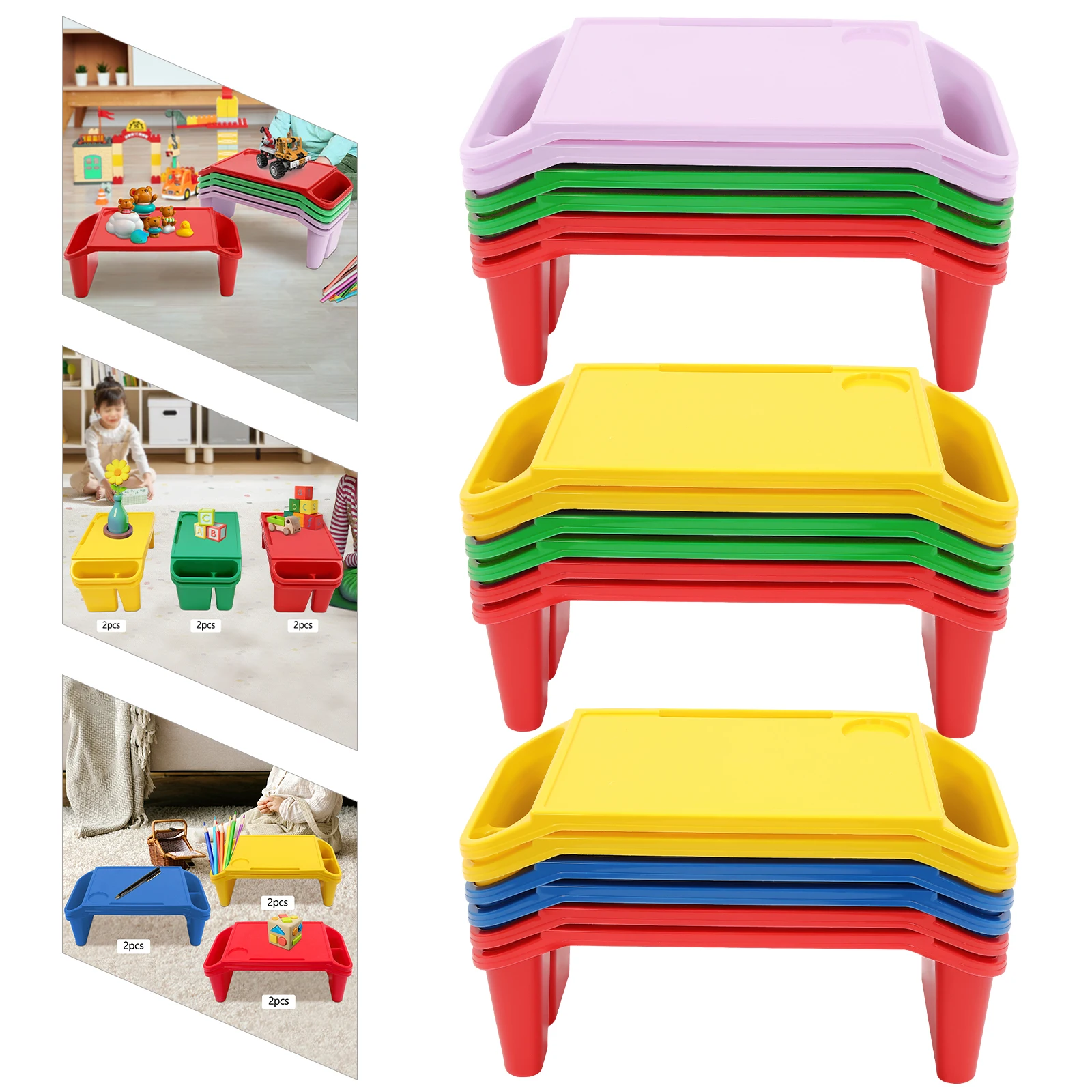 مجموعة صينية مكتب لاب للأطفال مكونة من 6 قطع، صينية مكتب مستطيلة للأطفال من البولي بروبيلين بتصميم ملون مع حامل أكواب، للكتابة والقراءة