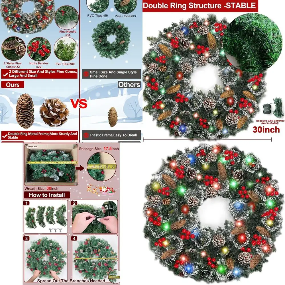 

Battery-Powered 30 Large Christmas Wreath with 100 Lights, Timer, 311 Tips, 28 Pinecones & 110 Berries for Outdoor Door Decor