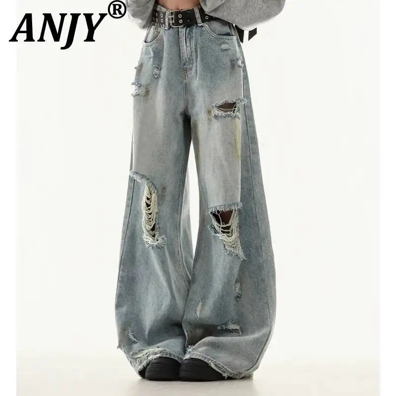 ANJY Spring Autumn New Women American Style Retro Distressed Ripped Designs Jeans Loose Hole Stylish Wide-leg Denim Pants A25506
