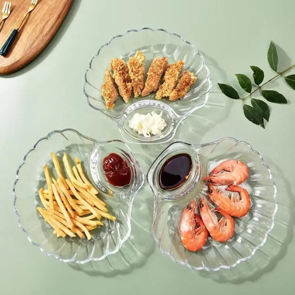 Shell Glass DishTransparent Dumpling Plate Dinnerware Compartment Discs Sushi Breakfast Dried Fruit Snack Shell Dish Fruit Plate
