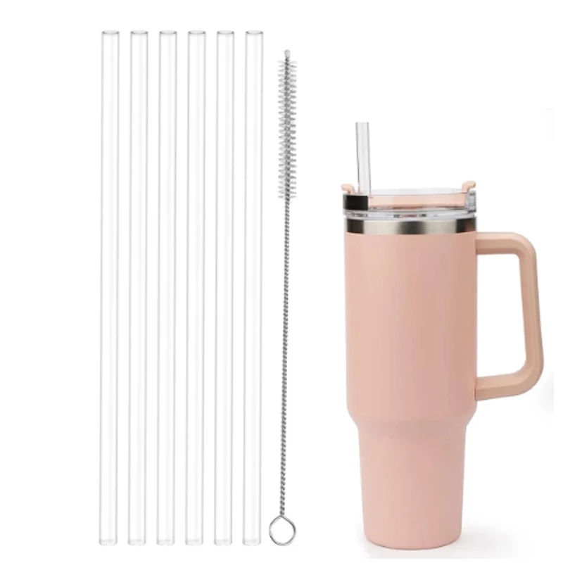 6 Pack Reusable Straw with Cleaning Brush, Plastic, Clear,Replacement Straw Compatible with Stanley 40 oz 30 oz Cup Tumbler