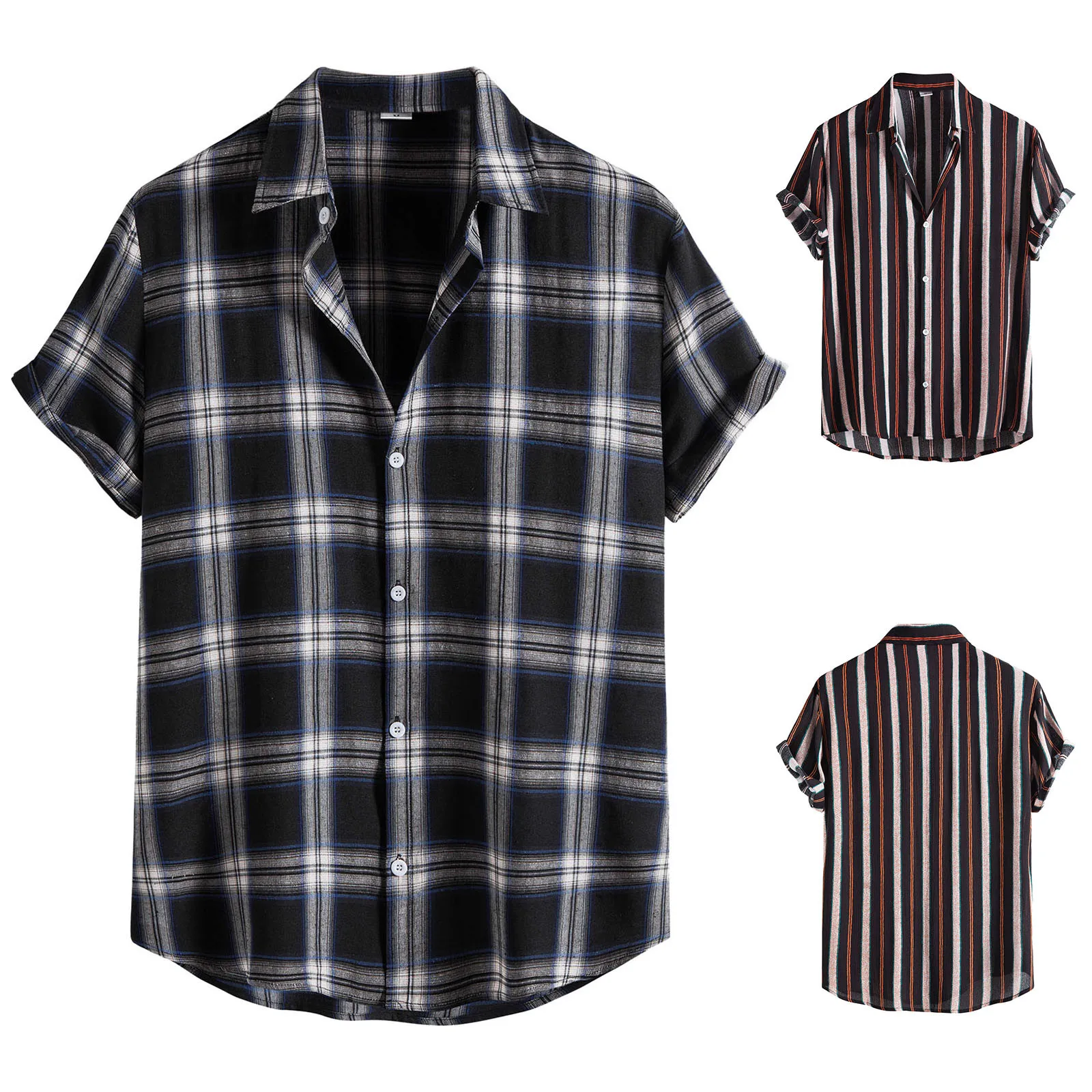 

Classic Checkered Stripe Print Shirt Tops For Men Turndown Collar Short Sleeve Button Loose Casual Male Shirts Men's Clothing