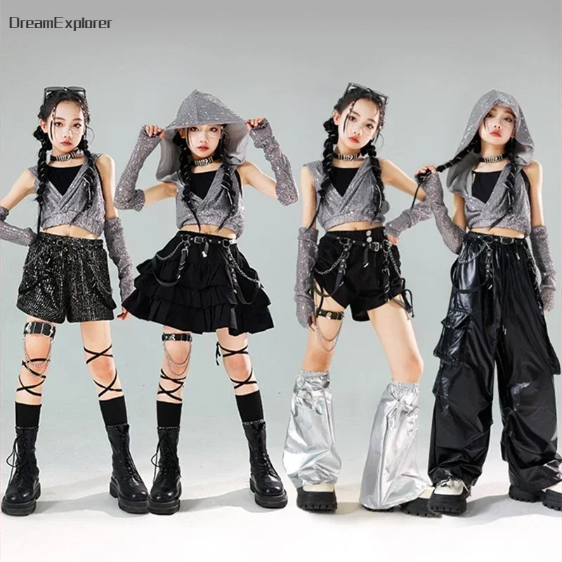 Ensemble de vêtements K-pop Sequin Crop Hoodies pour filles, Streetwear pour enfants, Short de danse de rue, Pantalon cargo en cuir PU, Jupes Hip Hop Jazz, Vêtements pour enfants