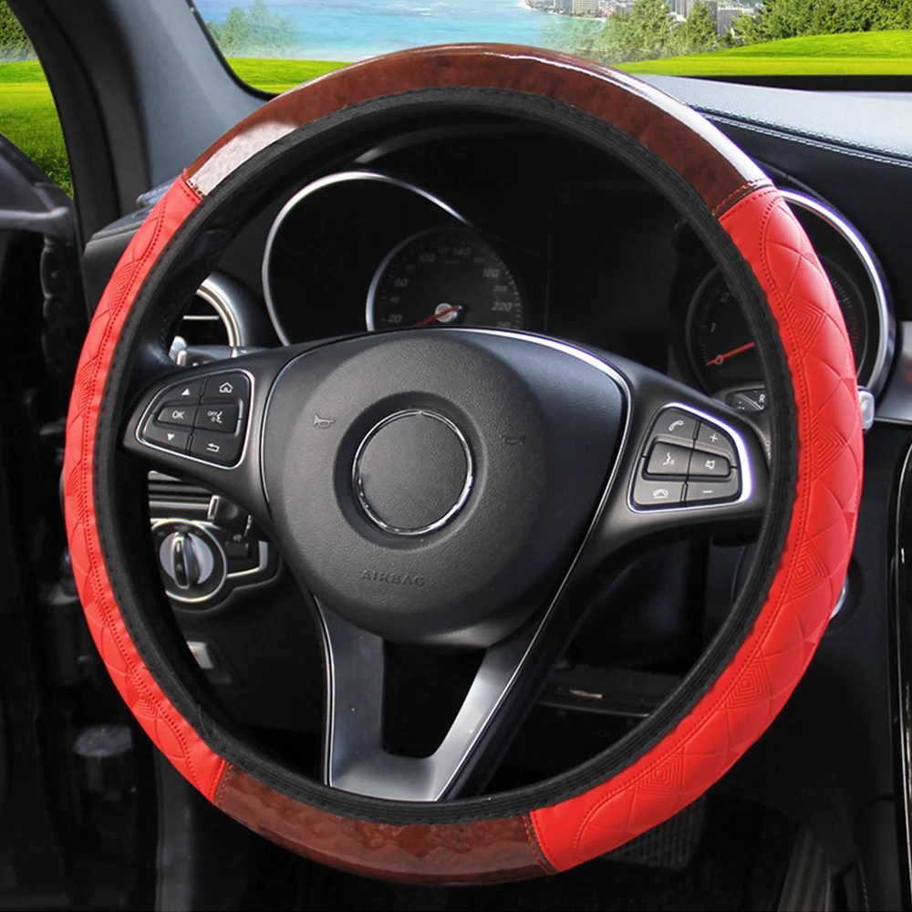 4 Colors Universal PU Leather Steering Covers Wooden Pattern Interior Accessories Car-styling Car Steering Wheel Cover