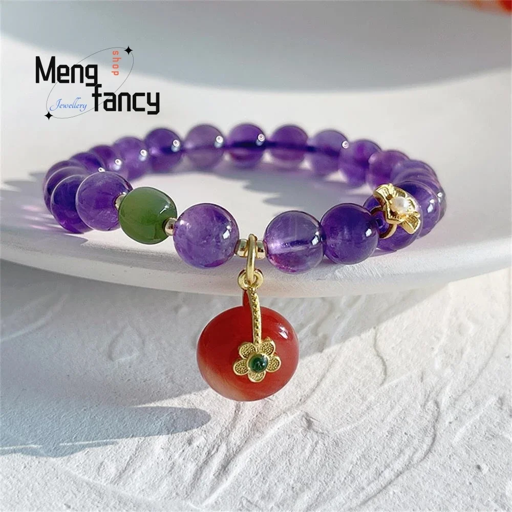 

New Style Amethyst Bracelet Simple Natural Hetian Jade Salt Source Agate Flower Beaded Bracelet Ornaments Luxury Fashion Jewelry