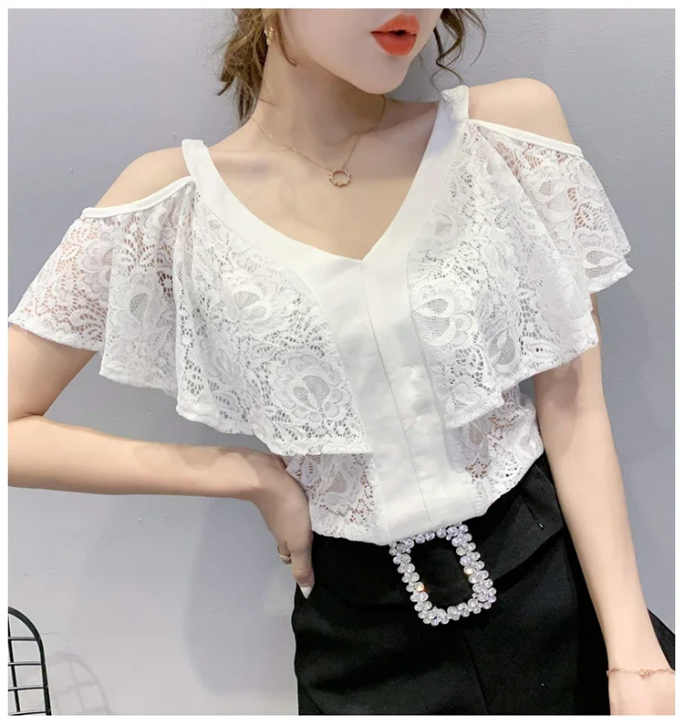 

Fanshion Off Shoulder Lace Blouses Summer Women Sexy Streetwear Ruffles Blusas Femininas Korean Clothes White Black Ladies Tops