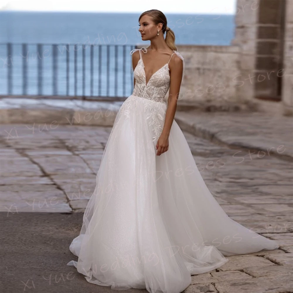 Vestidos De novia De línea A para mujer, vestidos De novia De encaje con apliques elegantes, Sexy, tirantes finos, cuello en V, Vestido De playa