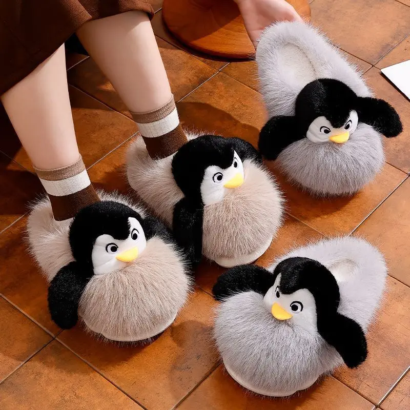 Зимние женские хлопковые тапочки с пингвином, теплые плюшевые нескользящие хлопковые тапочки с мягкой подошвой, мягкие комплекты домашних тапочек для пар