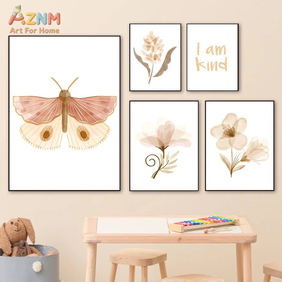 AZNM Watercolor Boho Pink Floral Moth Rainbow Canvas Print I Am Kind Positive Quote Pastel Neutral Wall Poster Unframed Girls Be