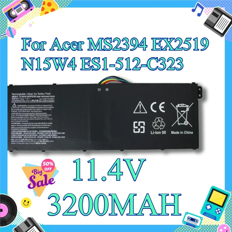 [NEW] 11.4V 3200MAH Laptop Battery For Acer AC14B13J AC14B18J, Fits MS2394 EX2519 N15W4 ES1-512-C323
