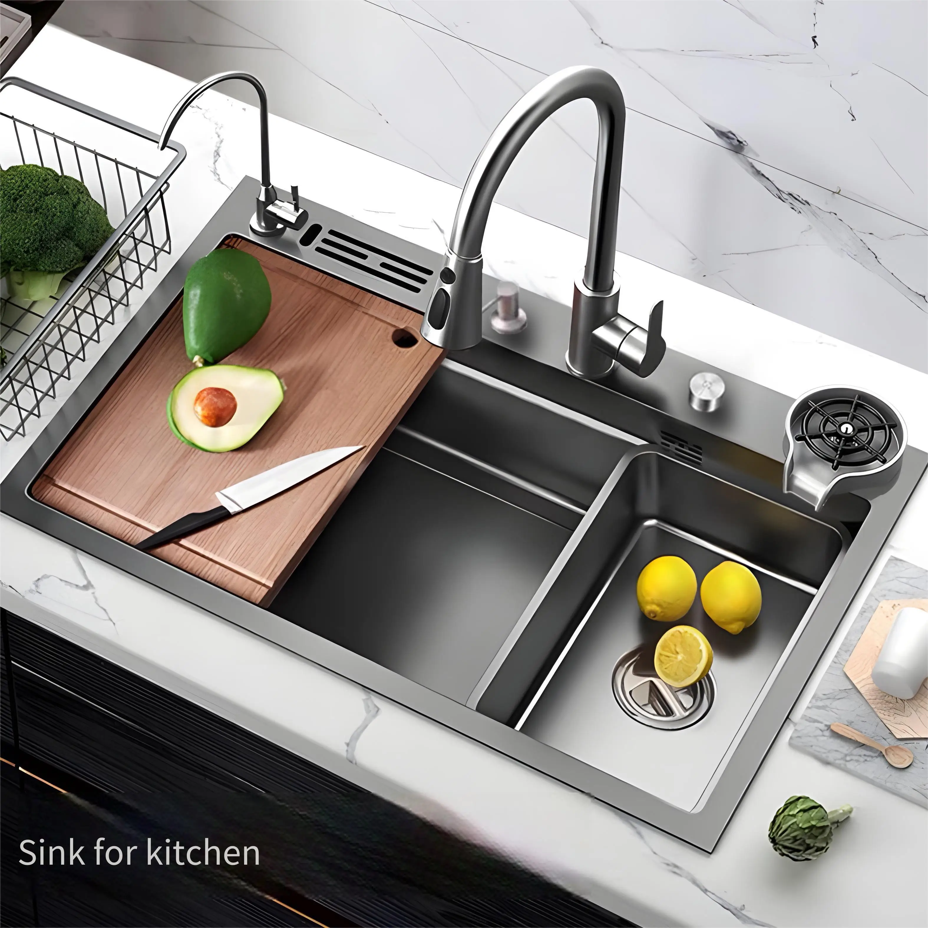 

Stainless Steel Waterfall Kiten Sink Large Single Bowl With Waterfall Faucet Multifuctional Washbasin Building Decoration