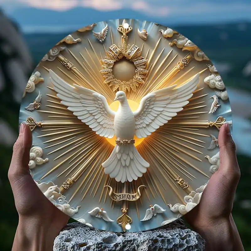 Panneau métallique rond 2D plat avec colombe de l'Esprit Saint - Décoration murale à thème religieux et spirituel, Art chrétien divin pour la maison, l'église et