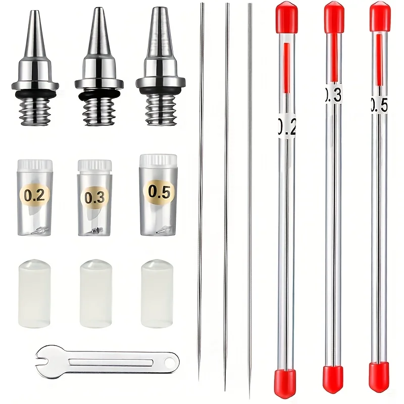 10-Piece Replacement Parts Set: Includes 0.2/0.3/0.5mm Nozzles, Needles, Airbrush Accessories, and Mini Wrench