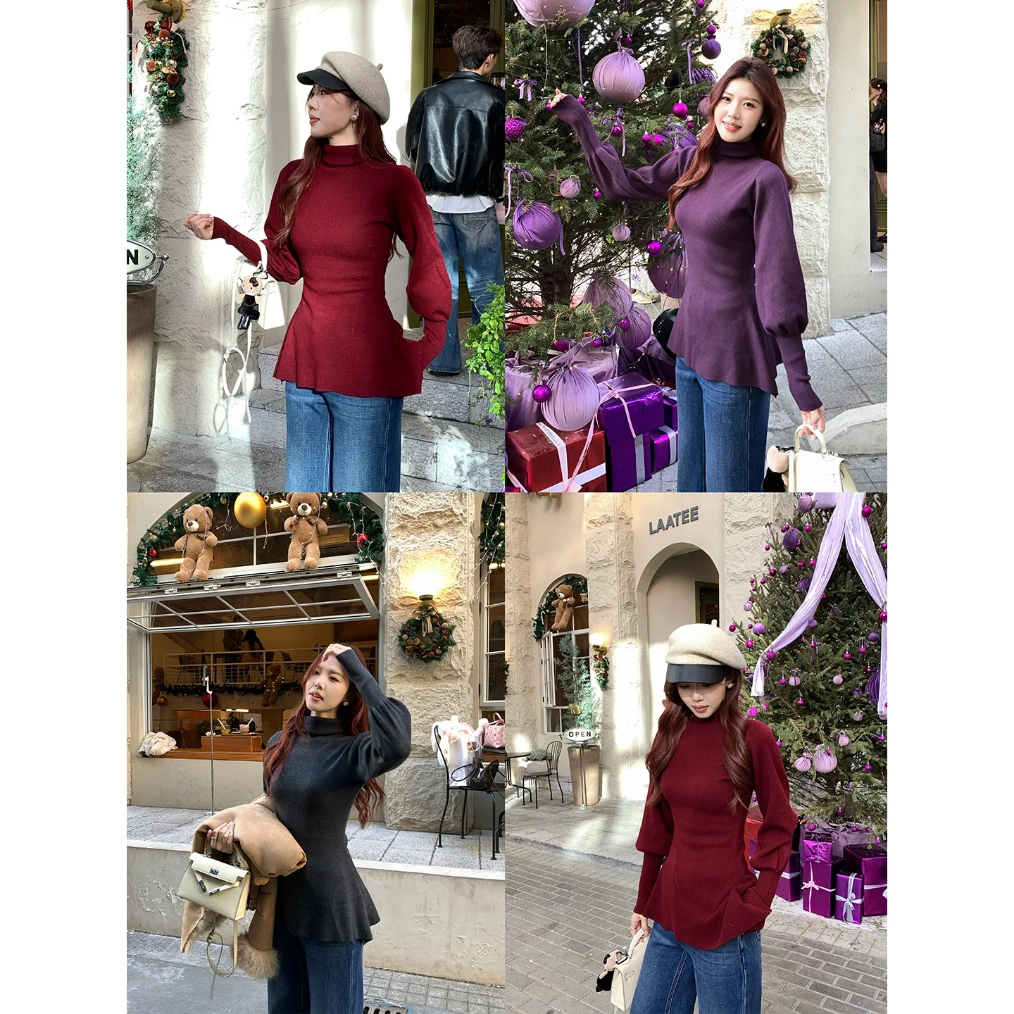 

Sweet And Spicy 2025 Winter Women's Vintage High Collar Waist Cinched Lantern Sleeve Sweater Glue Fiber Polyester Blend Knitwear