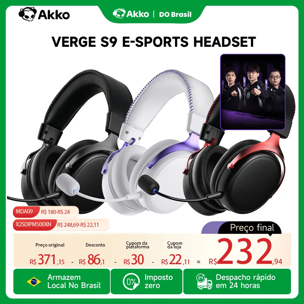 Fone de Ouvido Gamer Sem Fio AKKO Verge S9 Ultra Bluetooth 2.4G Quad-Mode Pro-Tuned para Desktop e Tablet