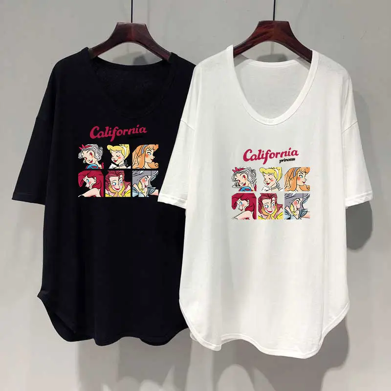 

Summer Cute Cartoon Fancy Princess Letter Print Popular V-Neck Casual Sporty Yoga Preppy Cotton Women Tee T-Shirts Female Tops