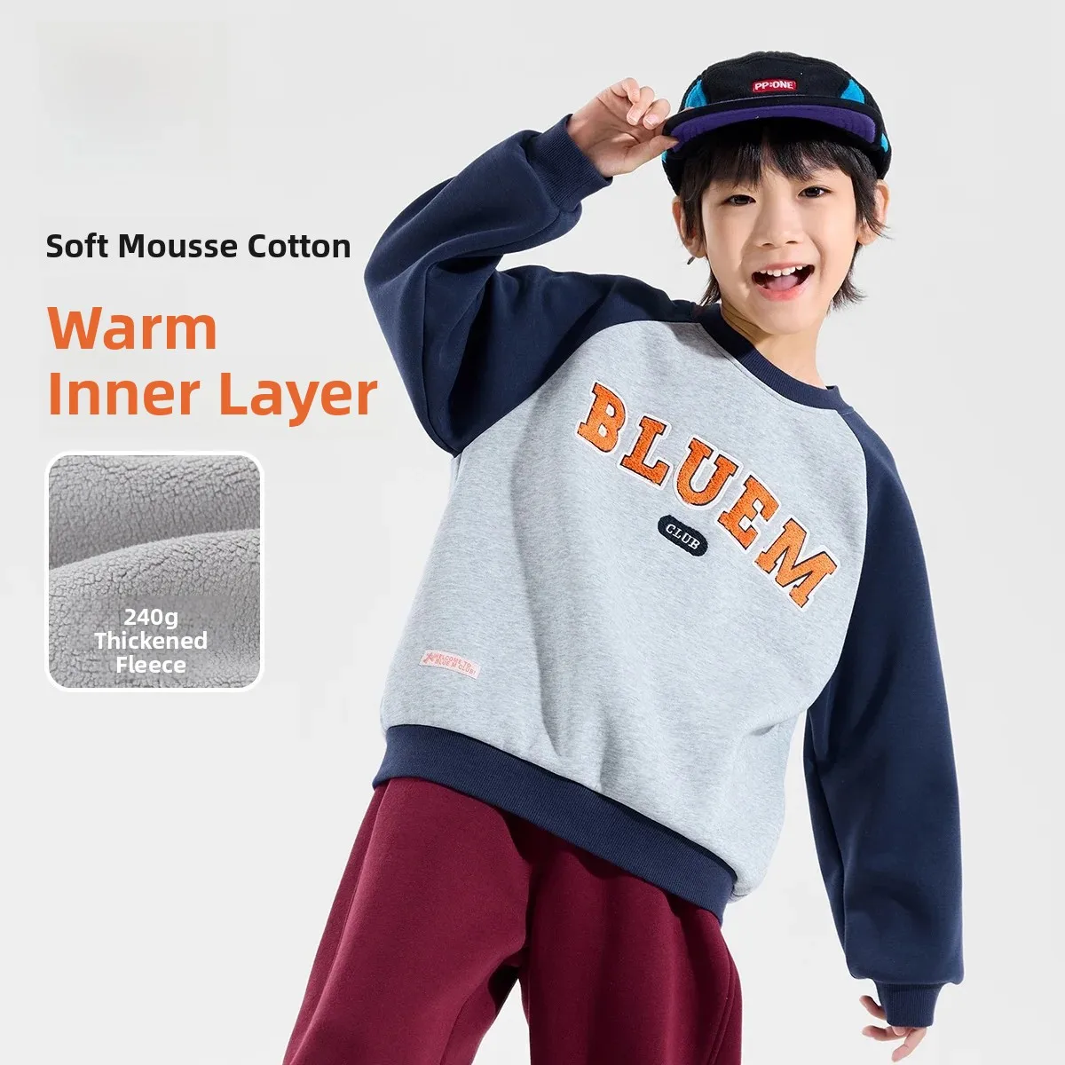 Bluem Boys' Fleece Lined Hoodie round Neck Pullover Kids' Thermal Wear Comfortable Cotton Polyester Blend Winter Clothing