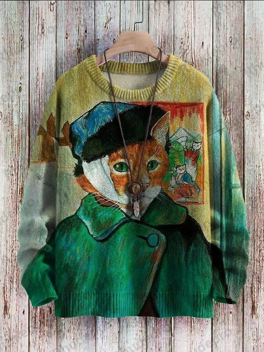 PLstar Cosmos Funny Retro Cat Art Pattern 3D Printed Men's Knitted Pullover Winter Unisex Casual Knit Pullover Sweater