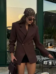 HH Casual Brown Lapel With Pocket Jacket Woman Fashion Cuff Buttons Long Sleeve Blazer Coat Lady Autumn High Street Outwear
