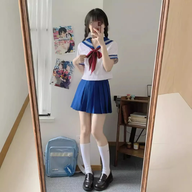 Japanese Korean School Uniform Girls Plus Size Jk Suit Red Tie Blue White Basic Sailor Uniform Women Long Sleeve Student Suit