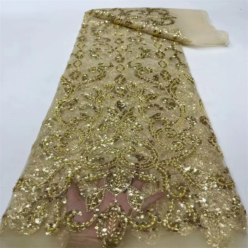 

2024 Золотая элегантная африканская французская Тюль с вышивкой из бисера, кружевная ткань, ткань для свадебного платья, белая