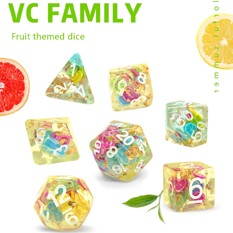 7pcs/Set Color Transparent Resin DND Dice Fruit Theme Polyhedral RPG Game Dice Leisure Entertainment Toys Game Accessories