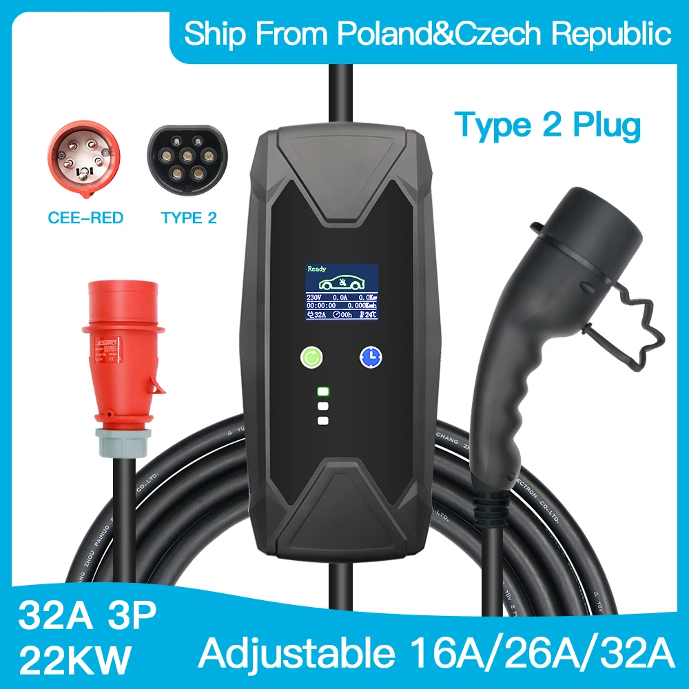 

Level 2 32A Portable EV Charger Type 2 Plug EVSE 22kw 380V Wallbox 5m Cable for Electric Car Home Charging IEC 62196-2 Plug