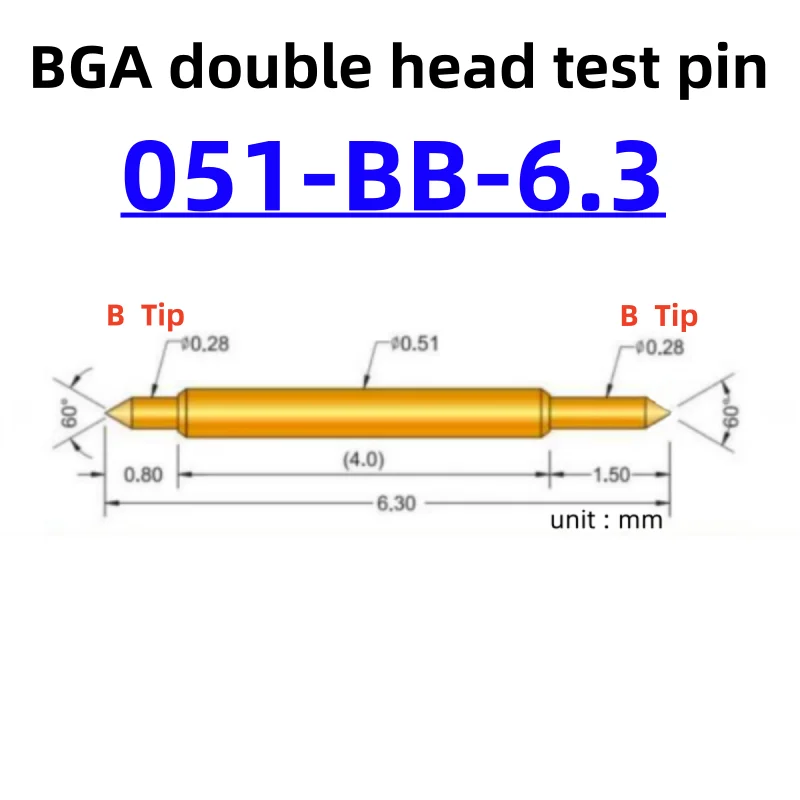 Sonde de test à double extrémité, sonde à semi-conducteur BGA, goupille de test à ressort télescopique, épingle à tricoter, 051-BB-6.3L, 100P, 6.3 pièces