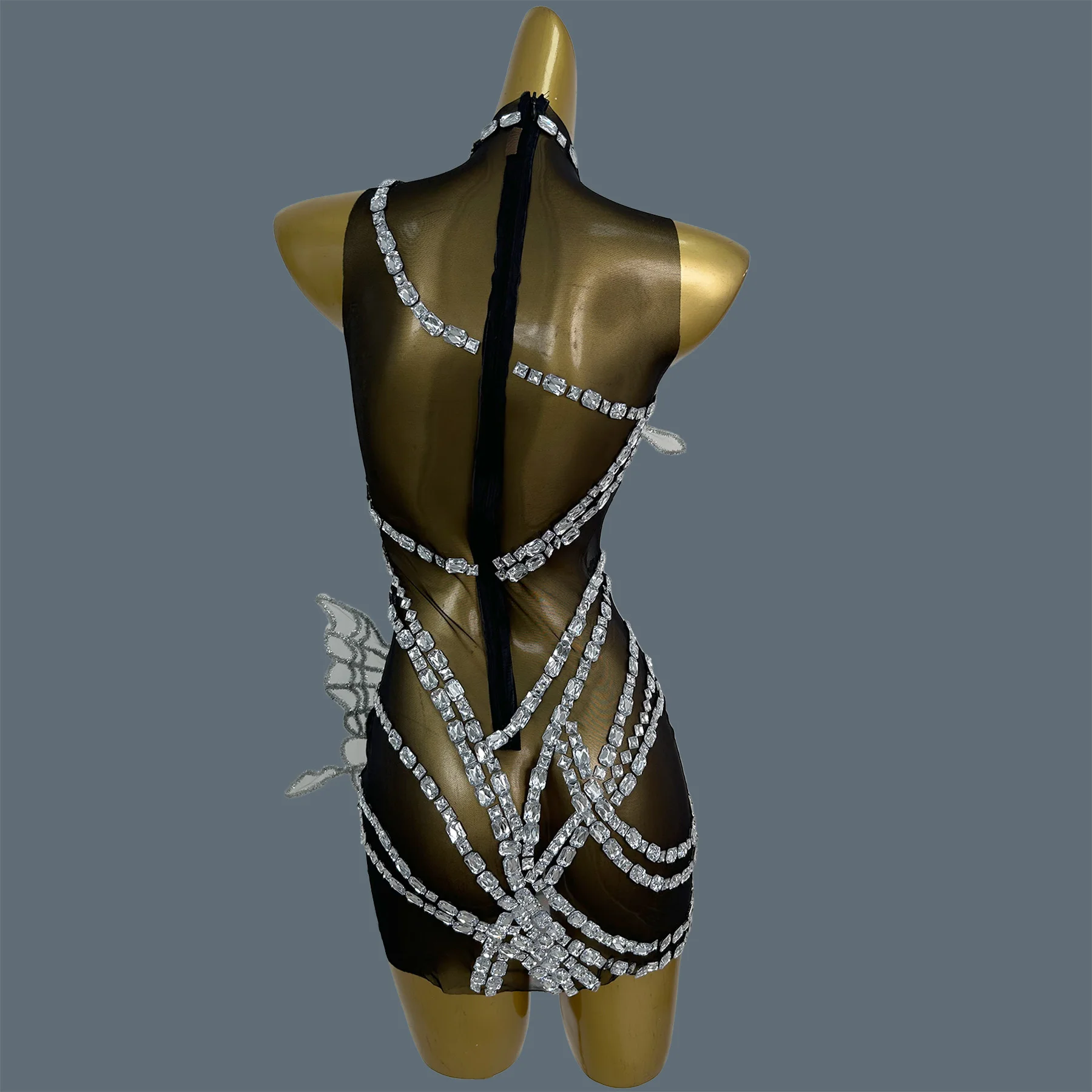 

Black Mesh Sleeveless Mini Dress Sparkly Silver Rhinestone 3D Butterfly Stage Performance Costume Party Evening Wear Chengshuang