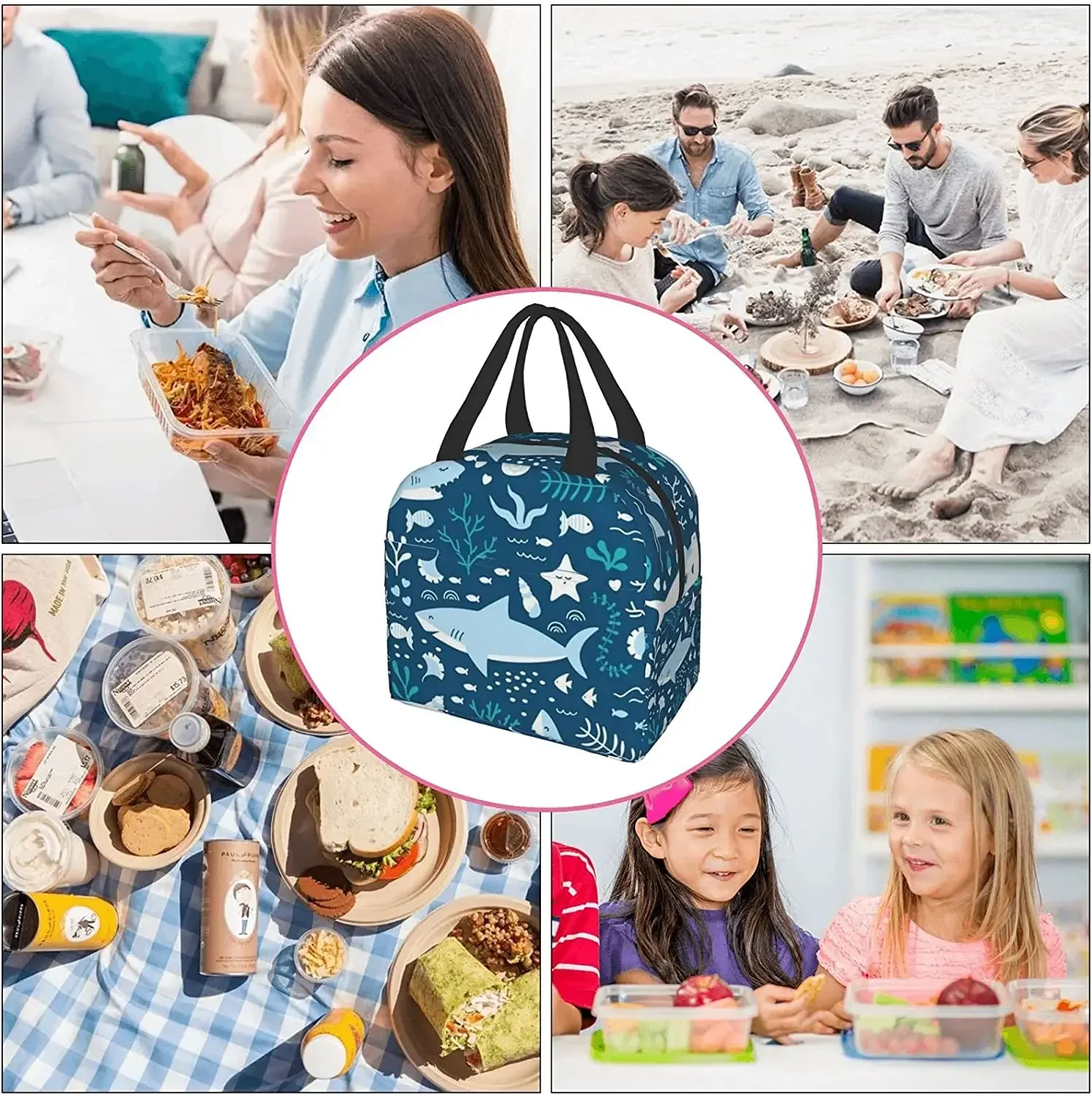 Insulated Lunch Bag for Work School Picnic Blue Cute Shark Cooler Lunch Box Containers for Adults Thermal Tote Portable Reusable