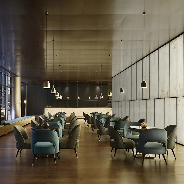 

Hotel Supplies Used Modern Blue and Gold Couch Sofa Dining Chairs Table Set for Restaurant Furniture