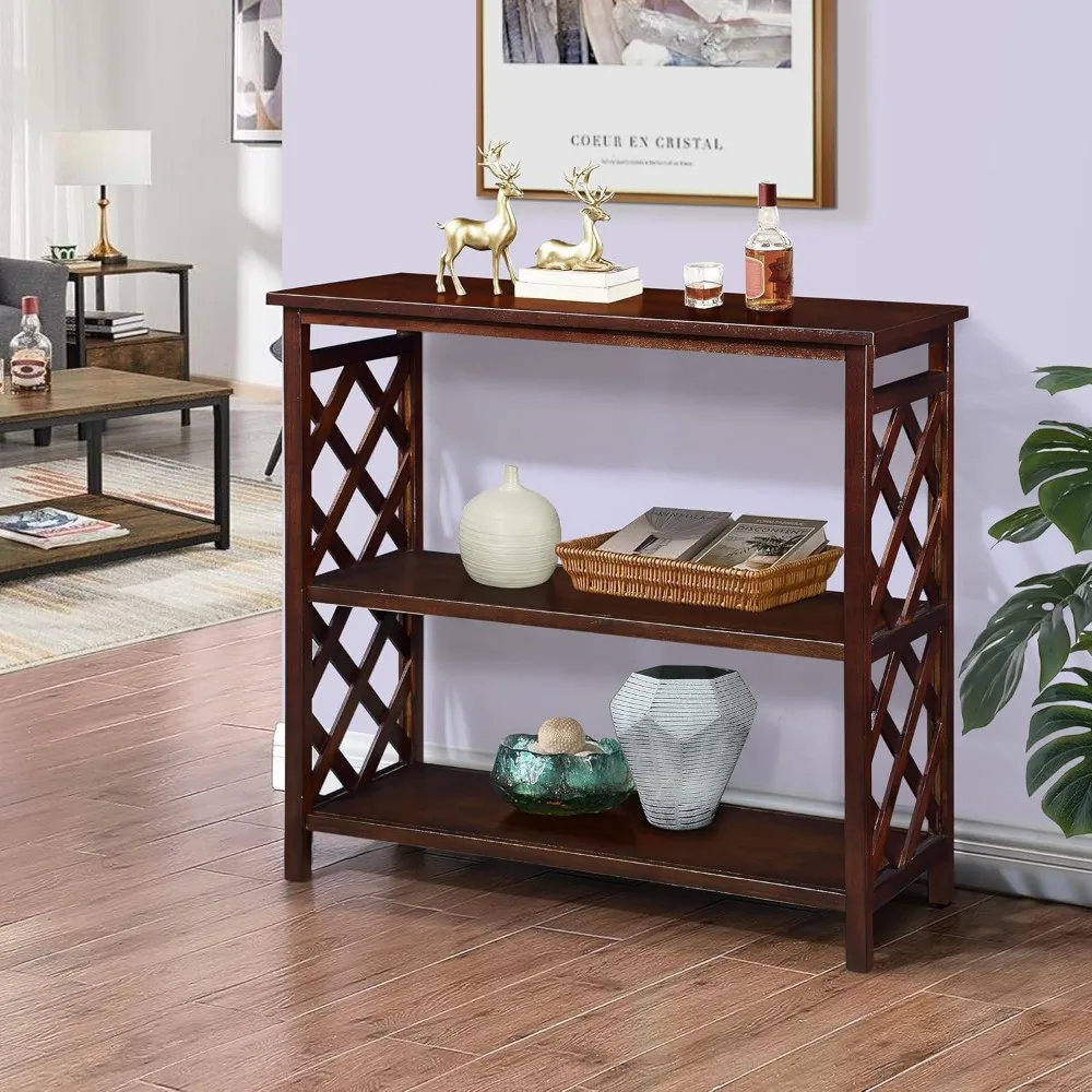 3-Tier Console Table with Storage Shelves and Solid Wood Legs, Open Bookshelf Bookcase for Hallway, Living Room, and Bedroom Use