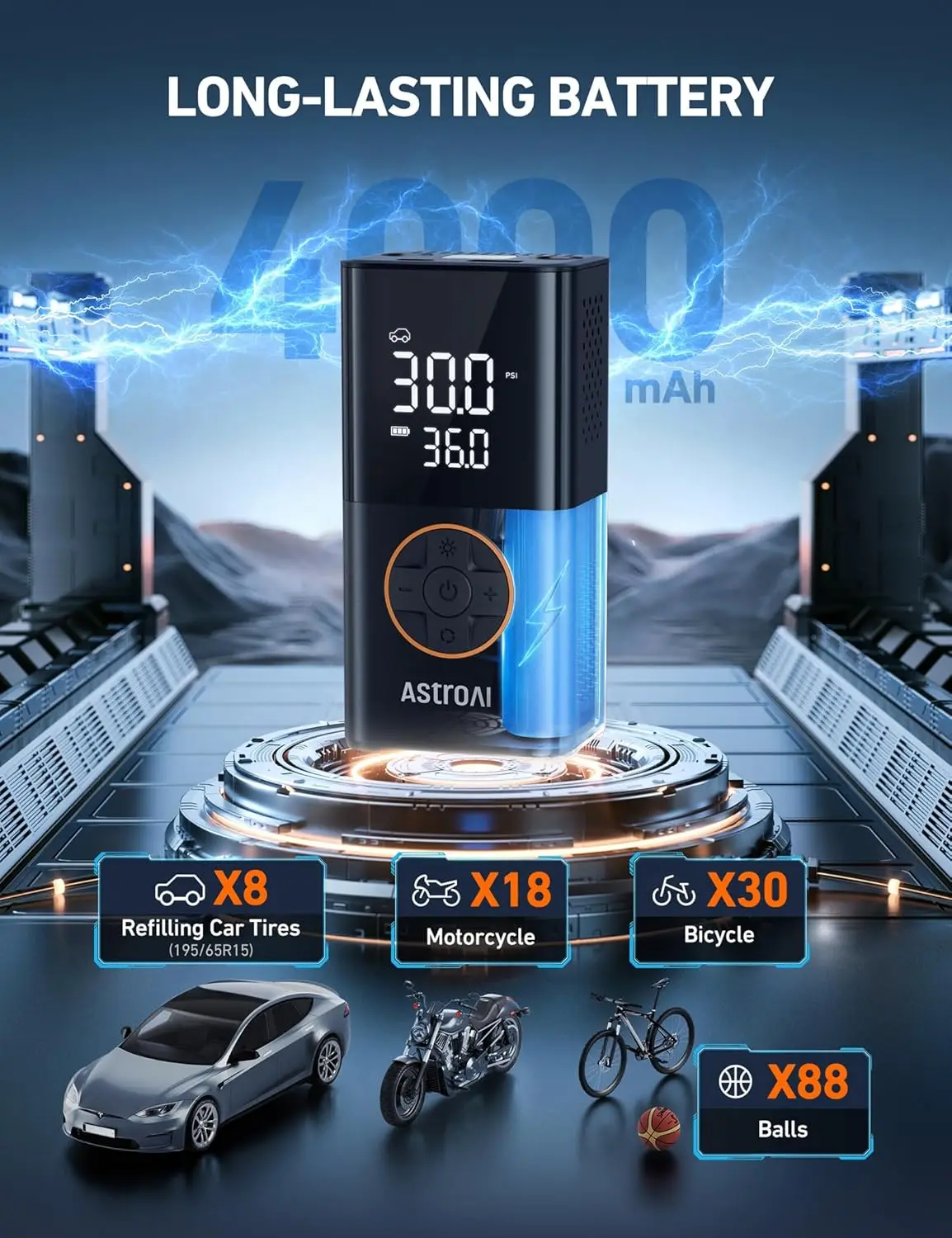 Compressor de ar sem fio portátil com display digital, 150 PSI para pneus e bolas de bicicleta de motocicleta de carro