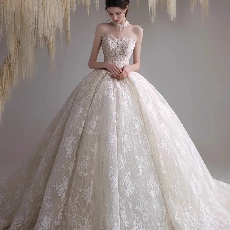

Elegant Fluffy A-line Sleeveless Lace Women's Wedding Dresses Detachable Off the Shoulder Princess Ball Gown Wedding Dress